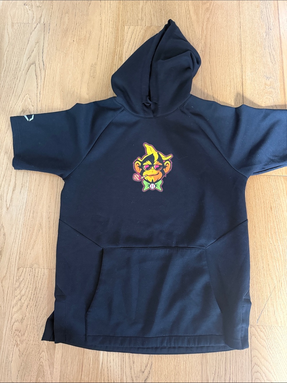 Black Short-Sleeve Hooded Sweatshirt with Colorful Party Animal Monkey Graphic